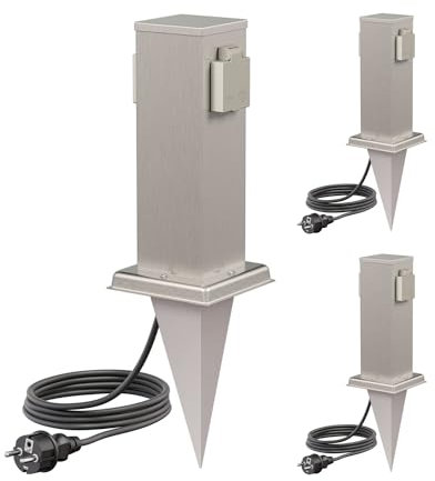 ledscom.de 3 Stück Garten-Steckdosen-Säule Polly mit Erdspieß und 2m Kabel für außen, IP44, 2-Fach, Edelstahl, eckig, 27cm