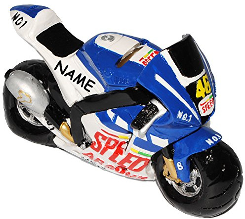 alles-meine.de GmbH Spardose - Motorrad/Rennmaschine - Nr. 46 - incl. Name - blau/weiß - stabile Sparbüchse aus Kunstharz - Bike/Biker/Fahrzeug Rennserie/Rennmotorr..