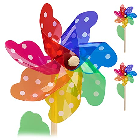 Relaxdays Molinillo de Viento Set 2, Estampado Puntos y Hoja Decorativa, para Jardín y Balcón, Madera y PP, Multicolor