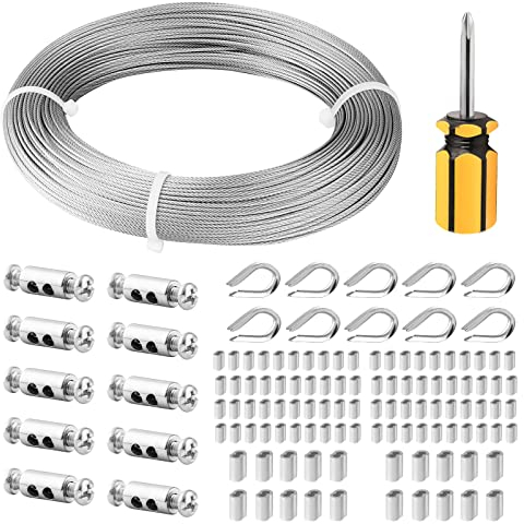 fshihine 100M Garden Wire for Climbing Plants, 1.5mm Stainless Steel Cable with Wire Rope Clips & Thimbles for Garden Fence, Vine Eyes for Climbing Plants, Picture Hanging, String Light Hanging