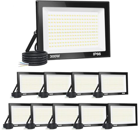 10PCS-300W Proyector LED Exterior IP66 Impermeable Focos Led Exterior 30000LM Potente Luces Led Exterior IP66 Impermeable Seguridad LED Floodlight Exterior para Terraza, Jardín, Patio, Parque, Garaje