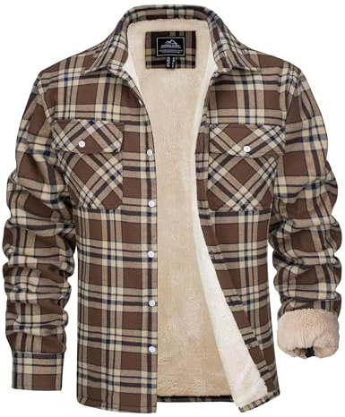 MAGCOMSEN Chemises Veste Polaire à Carreaux pour Hommes, Manteau d'Hiver Thermique Chaud en Flanelle pour l'Extérieur, le Travail Décontracté, Doublure Sherpa à Boutons, marron, M
