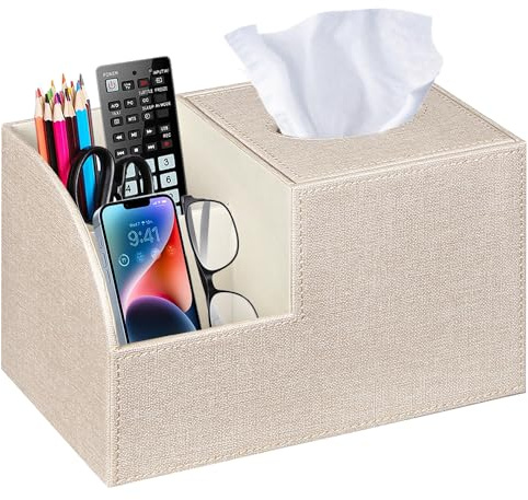 PU Leather Square Tissue Box Cover - Multi-Functional Tissue Box Holder, Tissue Box Cover with Storage,Tissue and Remote Control Holder, Cube Tissue Box Organizer Bedroom Nightstand End Table