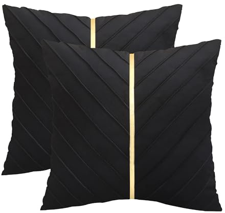 Tosleo 60 x 60 cm Kissenbezüge 2er Set Samt Kissen mit Goldfarbenem Leder Dekokissen Moderne Luxuriös für Sofa Gartenbett Couch Wohnzimmer Sofakissen Bett Schwarz