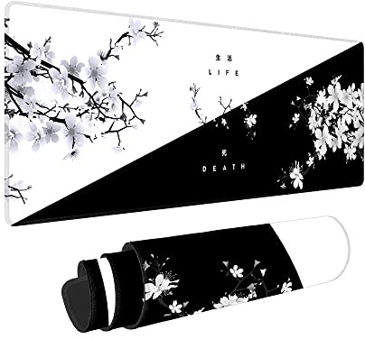 Tapis de souris de jeu animé noir et blanc en fleurs de cerisier XL – Grand tapis de souris japonais – 80 x 30 cm avec base antidérapante de 3 mm et bords cousus pour le travail de bureau