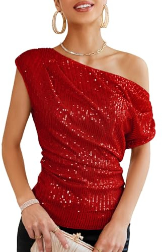 GRACE KARIN Damen Pailletten Oberteil One-Shoulder, Asymmetrisch & Voll Gefüttert, Festliches Party Outfit Rot M