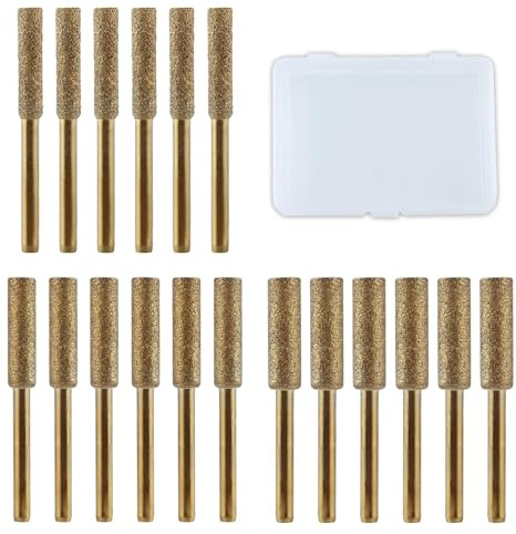LEONTOOL 18 Pcs High Hardness Diamond Chainsaw Sharpener Bits 1/8 Shank Titanium Plated Burr Stone File 4/4.8/5 mm Burr Grinding Stone File for Chain Saw Wood Jewelry Stone (5/32,3/16,7/32,Golden)