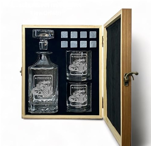 Whisky Set mit Gravur Traktor personalisiert Karaffe 700 ml und Gläser verschiedene Motive Landwirt Bauer Trecker Geschenkbox (Motiv 2: Big Machine, Karaffe + 1 Glas)