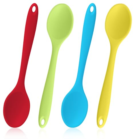 4 Stück Bunte Silikonlöffel Klein Rührlöffel Antihaft Silikon Löffel Kochlöffel Servierlöffel mit Langem Griff Hochhitzebeständig Rühren Werkzeuge für Küche Kochen Backen