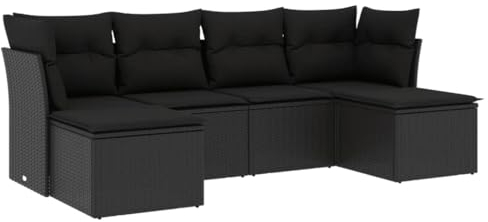 vidaXL Garten Sofa Garnitur 6-TLG., Gartenmöbel Set mit Kissen, Sitzgruppe für Garten Terrasse, Modular Gartensofa Hocker Lounge, Schwarz Poly Rattan