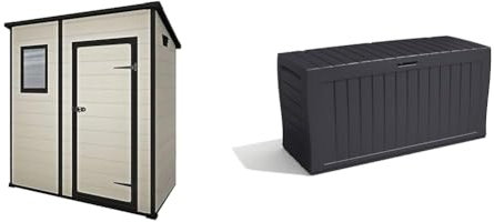 Keter Manor Outdoor Pent Single Door Garden Storage Shed 6 x 4ft & Marvel+ 270L Outdoor 65% recycled Garden Furniture Storage Box Graphite Wood Panel Effect