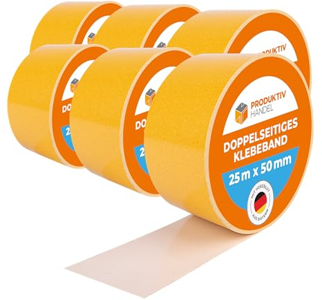 Produktiv Handel Doppelseitiges Klebeband 6 Rollen | starkes Teppich Klebeband je 25m x 50mm | zum Verlegen von Teppich & PVC-Belag | doppelseitig klebendes Verlegeband