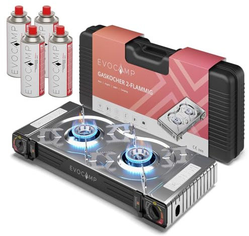 Gaskocher 2-flammig mit Piezozündung - Campingkocher für Gaskartuschen MSF-1a 227g - Camping Gaskocher für Campinggaz - Campingkocher 2 flammig - Campinggaskocher - Camping Herd + 4 Gaskartuschen