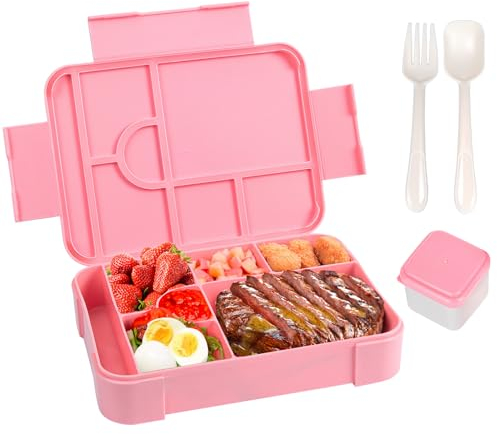Annizhty Bento Lunch Box for Kids 1330ml with 7 Compartments, Cutlery, Salad Dressing Containers, Leak-Proof, Pink