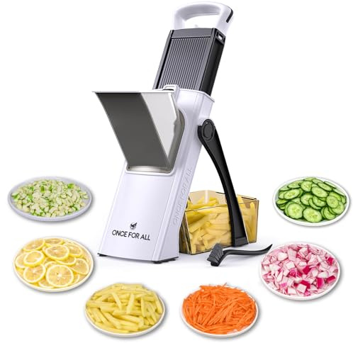 ONCE FOR ALL Cortador de Verdura Multifuncional con Cuchillas de Acero Inoxidable, Mandolina de Cocina Manual (Blanco y negro)