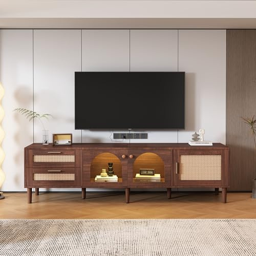 ModernLuxe TV Stand Cabinet with Rattan Decoration, Stylish TV Unit with 2 Drawers, 2 Curved Glass Doors, and 1 Rattan Door, LED Light, Spacious TV Cabinet for 80 inch TV, Brown, 180x40x50cm