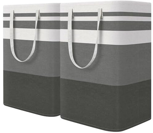 Panier à Linge Pliable,75Lx2 Panier à Linge Grand Panier de Rangement,Corbeille a Linge,Panier Linge Sale pour Chambre à Coucher, Salle de Bain, Chambre denfant, Voyage, 40x30x60cm, Gris-blanc