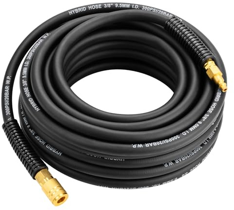 3/8 Hybrid Air Hose, 50Ft Air Compressor Hose,Heavy Duty, Lightweight, Kink Resistant, All-Weather Flexibility with 1/4-Inch Industrial Quick Coupler Fittings, Bend Restrictors, 300 PSI, Black
