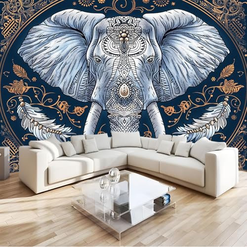 Papier Peint Panoramique 3D Boho Éléphant Plume Bleu 400x280 cm Papier Peint Photo Mural Intissé, Poster Tapisserie Mural Personnalisé 3D Pour Salon Chambre Décoration Murale