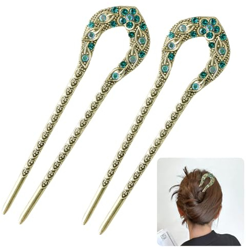 2 Stück U-förmige Haarnadeln, Französischer Stil, Metall Haargabel für Hochsteckfrisuren, Vintage Haarstäbe Elegante Haarnadeln für Frauen Mädchen, Haarstyling-Zubehör für Dickes Langes Haar (Blau)