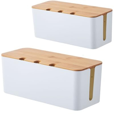 Cable Management Box with Bamboo Lid, Cord Organizer Box to Hide Wires & Power Strips, Extension Cord Power Stripe Surge Protector Wire Concealer Organizer Cover Hider (white-2pcs)