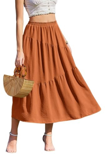 Zeagoo Sommerrock Lang Damen Leicht Flowy Maxirock mit Taschen Elastischer Bund Langer Röcke Elegant Stufenrock Ziegelrot M