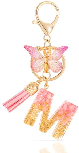 MWOOT Initiale Letter Keychains Porte Clé Lettre M,Alphabet Initial Keyring avec Papillon Pendentif,Rose Feuille D'or Key Ring pour Femmes Filles Portefeuilles Sac à Main Bagages Charme (M)
