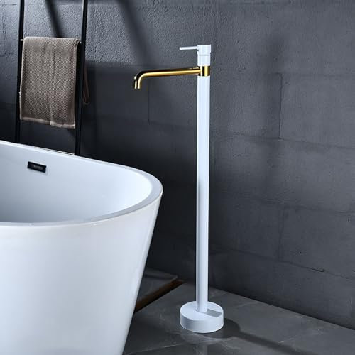 BiaoTeng Freistehende Wannenarmatur Badewannenarmatur Einhebelmischer Armatur Badewanne Heiße und Kalte Messing Wasserhahn Badewanne Freistehend weiß + gold