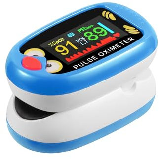 Yohcuro Paediatric Oximeter for Kids & Baby, Fingertip Pulse Oximeter for Small Fingers, Blood Oxygen Saturation, Pulse Rate Monitor, Cute Cartoon Design, USB-C Charging (Blue)