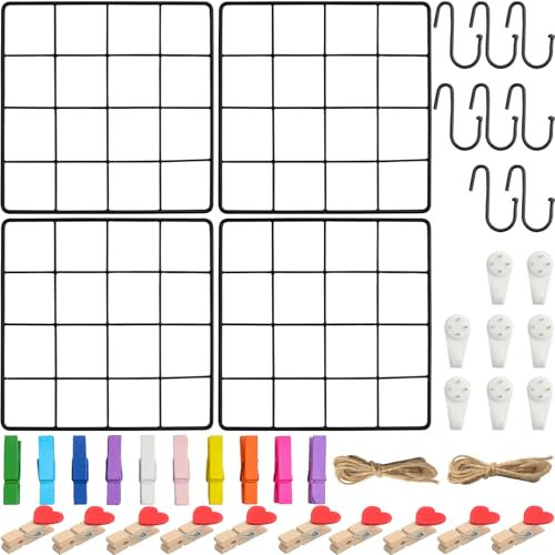 Roellgs 4 Stück 20 × 20 cm Wandgitter (mit Zubehör) Gitter Pinnwand Fotogitter Memoboard und Fotowand, dekoratives Metallgitter für Büro, Küche, Zimmer und mehr (Schwarz)
