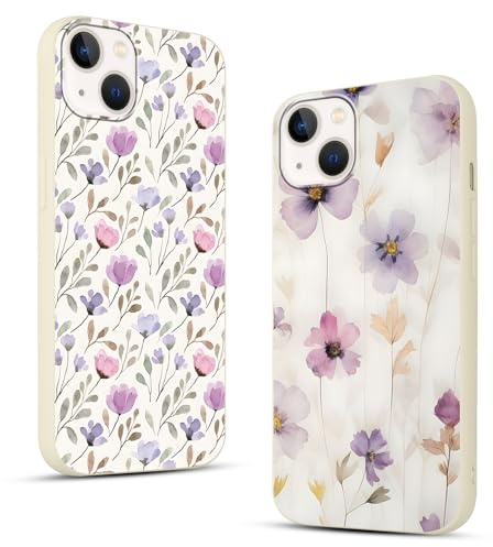 Phoona 2 Stück Handyhülle für iPhone 13 Mini Hülle 5,4'', Aesthetic Lila Blumen Muster Design Weiche TPU Ultra Dünn Silikon Schutzhülle Kratzfeste Stoßfest Kameraschutz Bumper Case für Mädchen