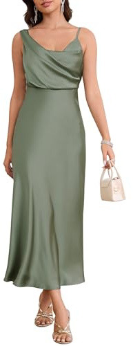 LUNAMODA Women's Summer Satin Dress Elegant Cowl Neck Adjustable Spaghetti Strap Wedding Guest Cocktail Party Maxi Dresses Green, Medium