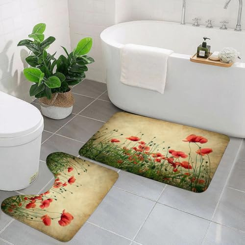 KGDHY Badezimmermatten-Sets 2-Teilig,Vintage Retro Mohnblumenfeld,Bad und WC-Vorleger-Set,rutschfeste Badezimmerteppiche wasserabsorbierende