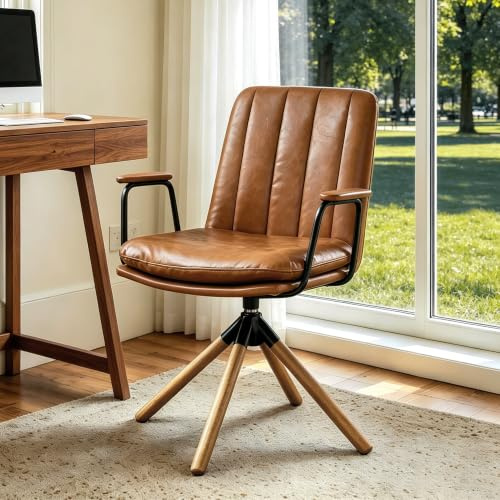 Zouron Braun Bürostuhl Ohne Rollen - Mid Century Modern Drehstuhl, Braun Kunstleder gepolsterter Bürostuhl mit Eichenholzbeine, Holz schreibtischstuhl Akzentsessel für Home Office Wohnzimmer
