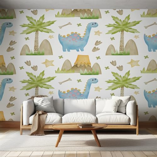 Vlies Fototapete Dino Karikatur Tiere Vulkan, 3D Effekt Tropisch Blätter Palmen Foto Tapete, Schlafzimmer Wohnzimmer, XL Wandtapete, Vliestapete, Poster Wand 150x105
