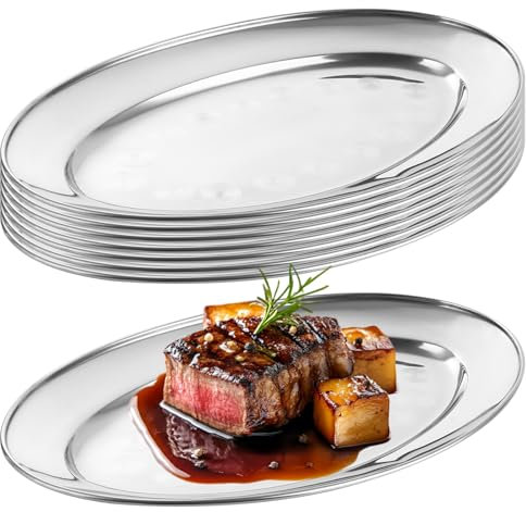 LDXDRU 8 Pack Stainless Steel Serving Platters, 34 x 21cm Oval Serving Tray, Appetizer Serving Dishes Dinner Tray Fish Plate for Party Events Table Service Snack
