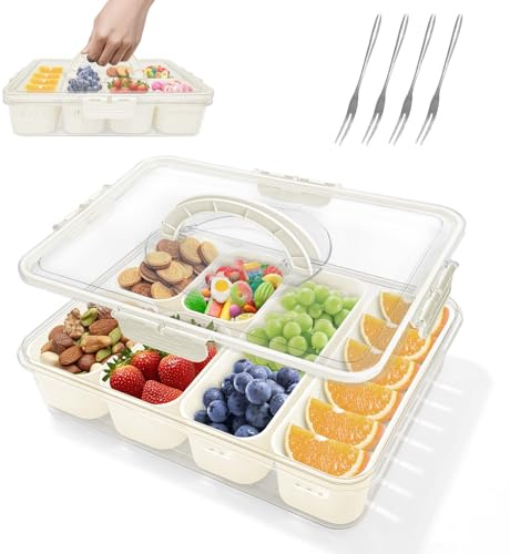 Honnesserry Snack Box 6 Compartiment, Boite a Gouter avec Couvercle, avec 4 Fourchettes en Acier Inoxydable pour Snack ＆ Fruit, Boite Compartiment Alimentaire pour Cuisine, Party, Pique-niques