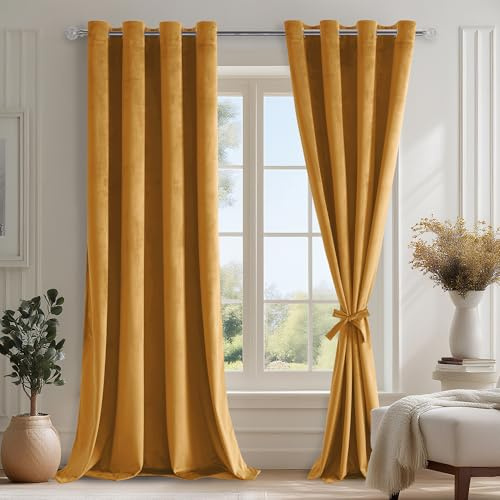 DWCN Juego De 2 Cortinas De Terciopelo Amarillo Mostaza H260XB140 cm, Cortinas Suaves con Ojales Y Lazos para Sala De Estar, Dormitorio, Cortinas Opacas, Cortinas Térmicas De Oscurecimiento, Cortinas