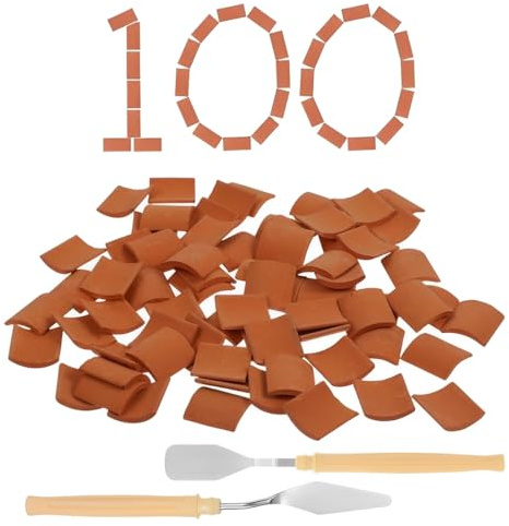 IKOPFLN 100pcs Mini Dachziegel,1:16 mini puppenhaus Zubehör mit 2 Mini-Spateln,wichtel baustelle set,Modellziegel Brick für DIY Puppenhaus Fairy Garten Dekoration