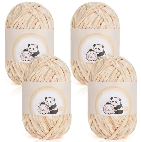 Aeelike Chenille-Garn, 400 g, 4 Stück, Plüsch-Chenille-Garn zum Häkeln (100 g pro Knäuel, 80 Yd), weiche, flauschige Samt-dicke Wolle zum Stricken von Babydecken, Schals, Socken und Bastelarbeiten