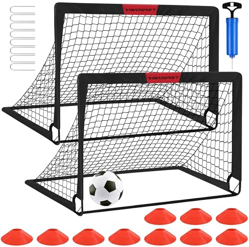 VAVOSPORT Fussballtore für Garten Kinder Tor Gate: Fußball Trainingsset mit Pop-Up 2er Set faltbar für Indoor/Outdoor Spiele für Kinder | Inklusive Fußball Größe 3 Hütchen 10 und Ballpumpe