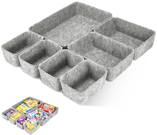 7 Stück Filz Schubladen Organizer mit 3 Größen, Stapelbare Aufbewahrungsboxen, Vielseitiges Ordnungssystem für Büro,Küche, Bad, Schlafzimmer, Schreibtisch, Schminktisch, Nachttisch, Schrank (Hellgrau)
