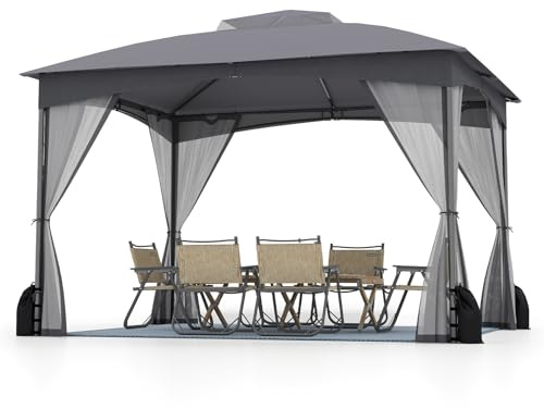 COSTWAY Paviljong 3 x 3,6 m, trädgårdspaviljong med 4 sandsäckar och 4 myggnät och dubbeltak, vattentätt och stabilt och vinterbeständigt, trädgårdstält inkl. krokar, festtält för terrass, trädgård