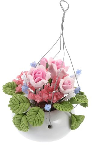 Ipetboom 1PC Scale Miniature Rose Hanging Basket Arrangement for Dollhouse Decoration Pink Green Mini Potting Ornament for Home Decor
