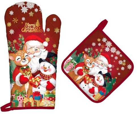 Arquiel Weihnachten Weihnachtsmann Ofenhandschuh & Topflappen 2er-Set | Baumwoll-Küchenset mit Weihnachten Weihnachtsmann-Motiv, hitzebeständig und praktisch zum Kochen, Backen und Grillen.