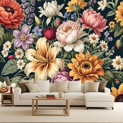 3d tapete Bunte BlumenFototapete schlafzimmer Retro-Blumen und grüne Blätter 150x105cm Schnelle DIY Wanddeko Kreative Gestaltung Moderne Fototapeten Großes Wandposter Schlafzimmer Wohnzimmer