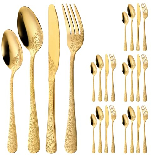 24 Pieces Retro Rose Carved Silverware Set for 6 People, Stainless Steel Cutlery Set, Mirror Polished Fork Spoon Knife Kit with Delicate Floral Design for Restaurant Home Kitchen Use(Gold)