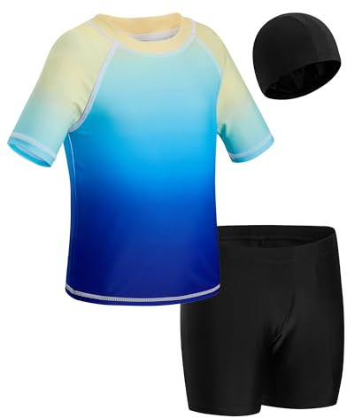 KAKU NANU Boys Swimsuits 3 Piece Set Age 5-14 Years - Rash Vest with Shorts & Swimming Cap - UV Sun Protection Swimwear for Toddlers & Kids