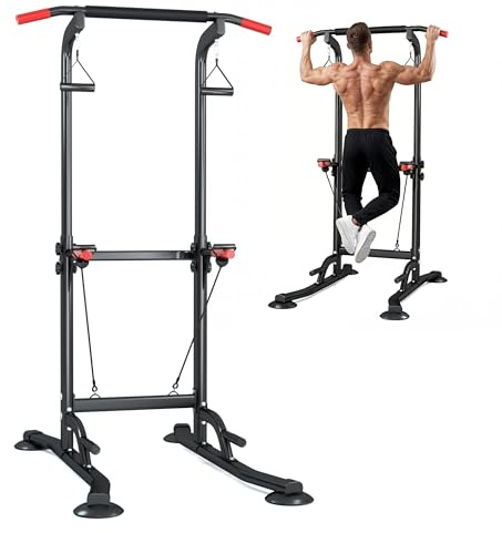 YEE RUN Power Tower Dip Station | Barra per trazioni | Supporto 200 kg | Stazione di allenamento e fitness | Rack di potenza per palestra domestica (Nero, 108.5 * 105 * 168cm)