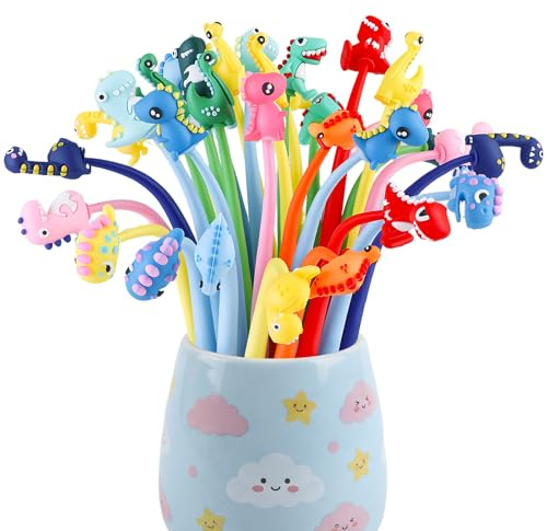Yoosso 30 mini penne gel a forma di dinosauro, con testa oscillante, multicolore, simpatiche penne a forma di dinosauro, ideali come regalo per studenti, premi scolastici